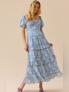 Altar'd State Pale Blue Floral Puff-Sleeve Maxi Dress